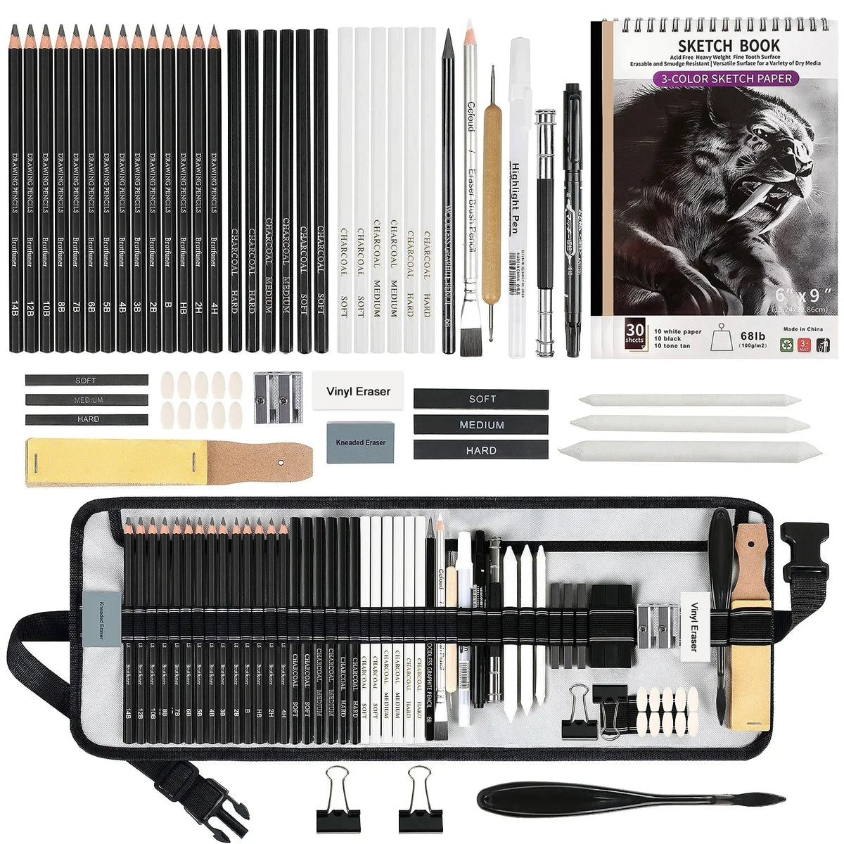 42-68PCS Professional Drawing Kit Graphite & Charcoal Sketch Set with Sketchbook 5