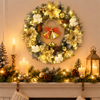 Royeva Lighted LED Christmas Wreath With Bells And Golden Accents For Front Door