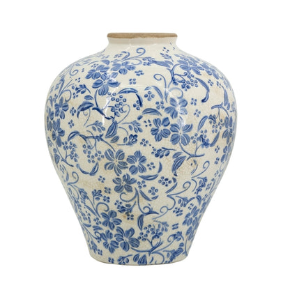 Novara Hand-Painted Blue & White Ceramic Floral Vase - Rustic Farmhouse Decor
