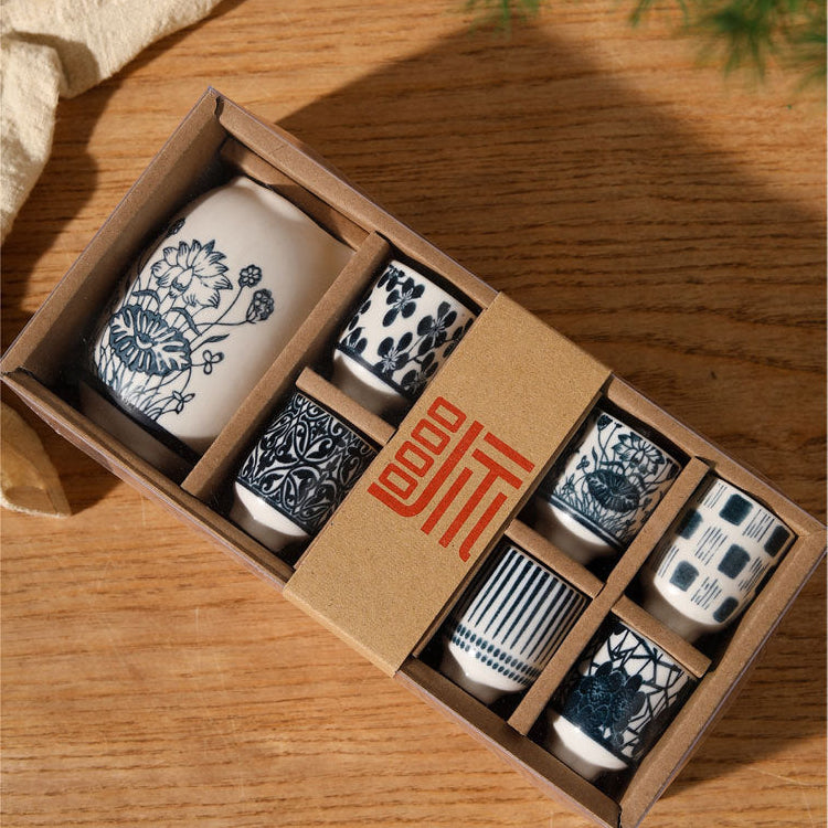 Novara Japanese Ceramic Sake Set with 8 Traditional Ochoko Cups