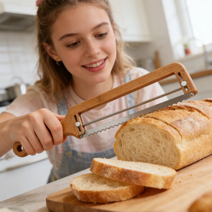 Novara Bamboo Bread Slicer with Guide for Homemade Artisan Loaves and Bagels