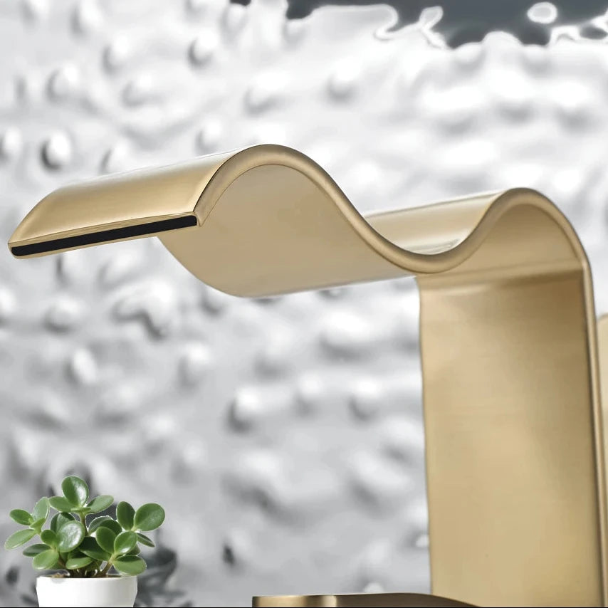Novara Brushed Brass Waterfall Basin Faucet For Above Counter Vessel Sink