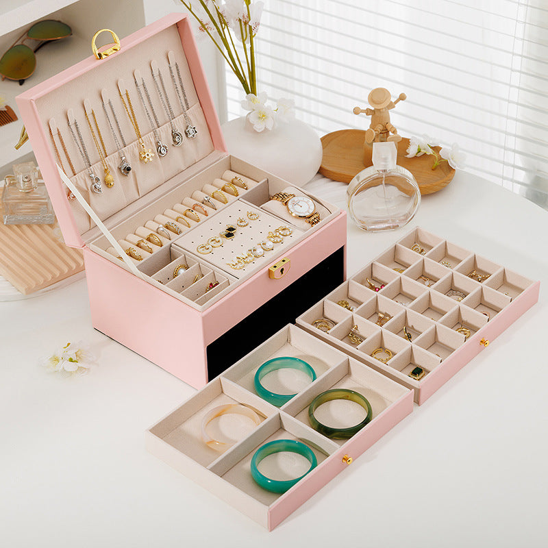 Novara Multi-Layer Leather Pink Jewelry Box for Rings, Necklaces, Bracelets & Earrings Storage