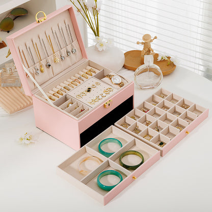 Novara Multi-Layer Leather Pink Jewelry Box for Rings, Necklaces, Bracelets & Earrings Storage