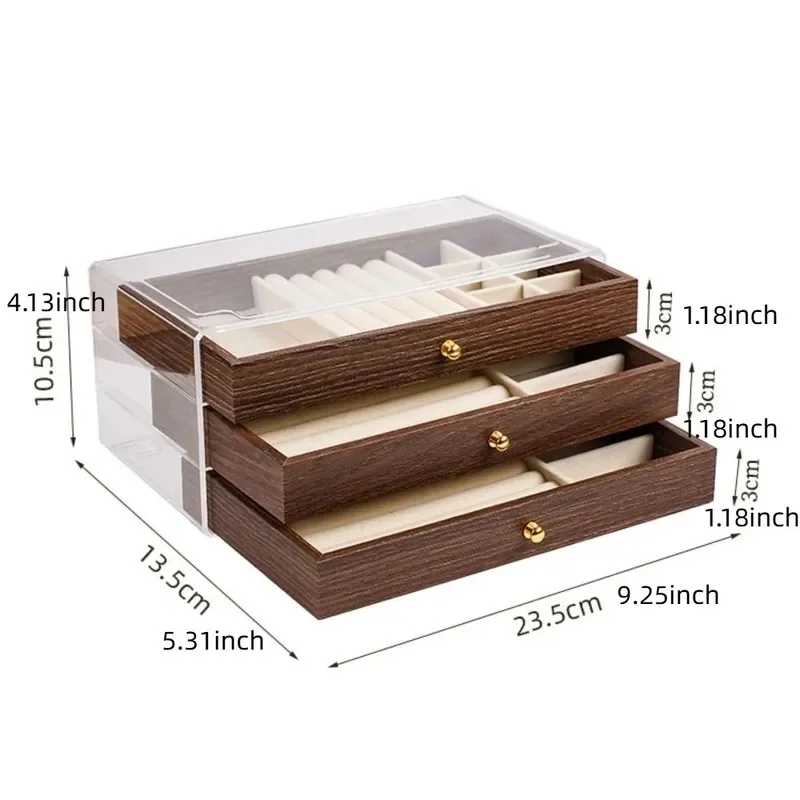 Novara Wooden Jewelry Box with Clear Lid and 3 Drawers for Rings and Bracelets