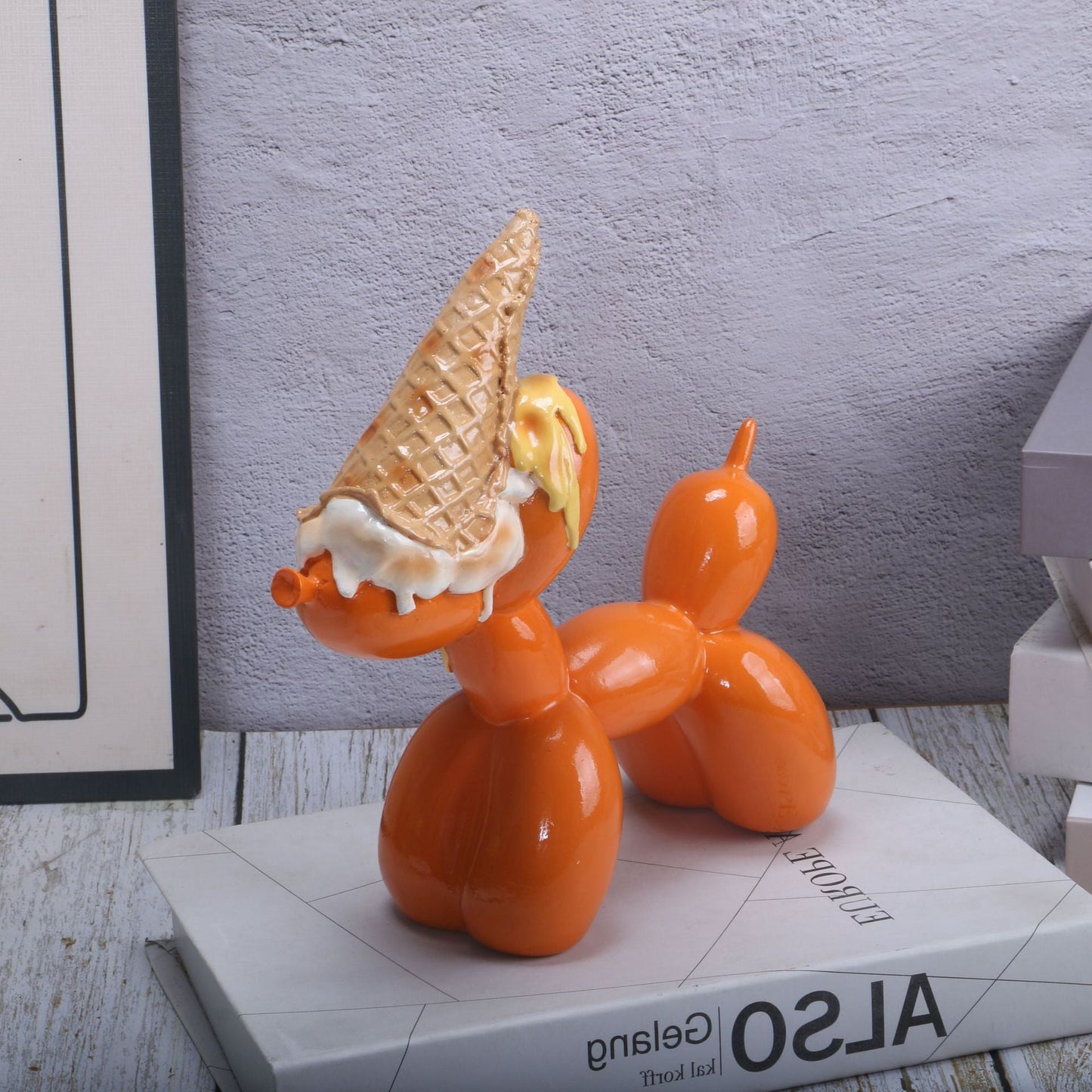 Royora Pop Art Balloon Dog Resin Sculpture with Ice Cream Cone Decor
