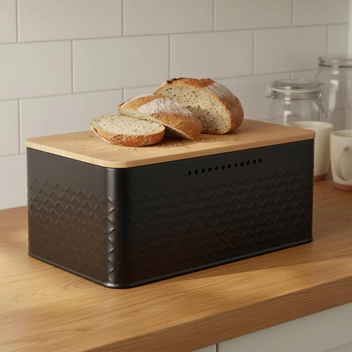 Sovere Metal Bread Box with Bamboo Lid for Fresh Bread Storage and Kitchen Organization