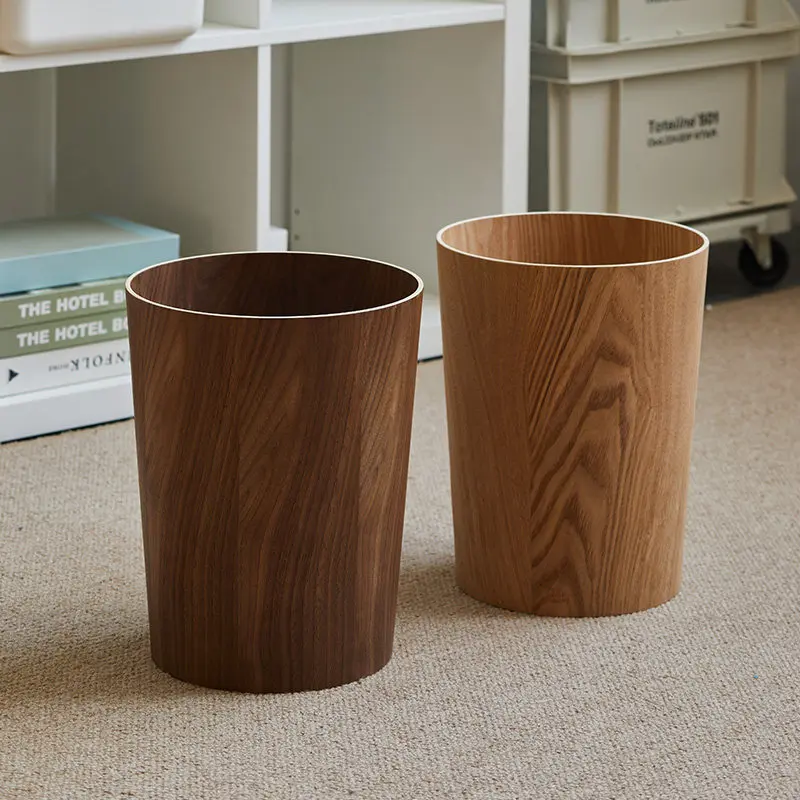Royeva Japandi Wood Waste Bin with Rotating Lid for Bathroom & Office