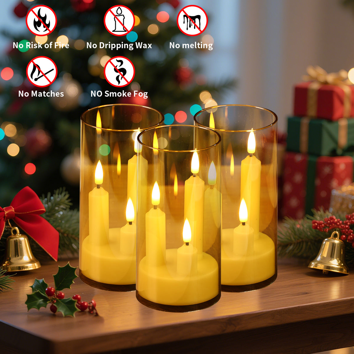 Royelle LED Flameless Candles in Smoked Glass Hurricane Lanterns - Set of 2