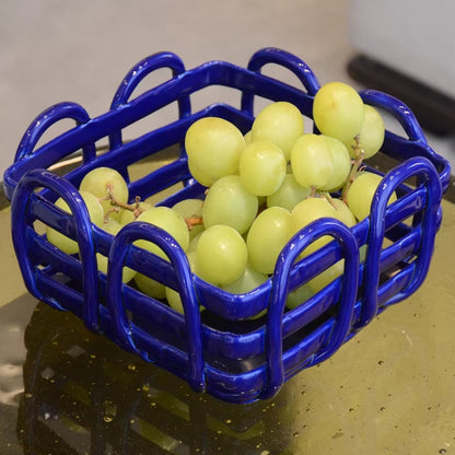 Royeva Modern Geometric Ceramic Fruit Bowl & Bread Basket - Artisanal Red Lattice Design