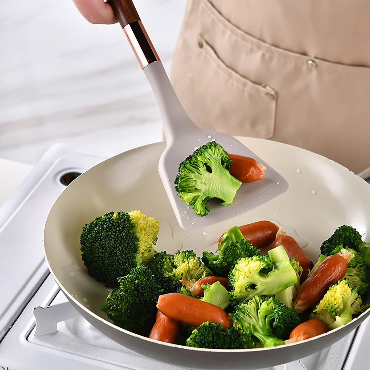 Novara Silicone Utensil Set with Wooden Handles, Heat-Resistant Non-Stick Cookware
