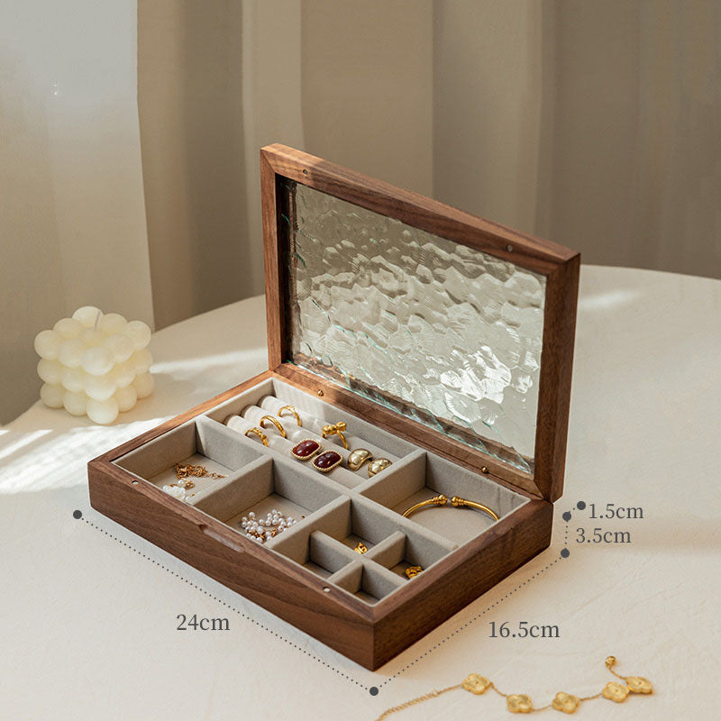Royora Natural Wood Jewelry Box with Textured Glass Lid, Velvet Lined Storage & Compartments