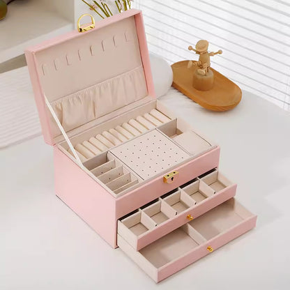 Novara Multi-Layer Leather Pink Jewelry Box for Rings, Necklaces, Bracelets & Earrings Storage