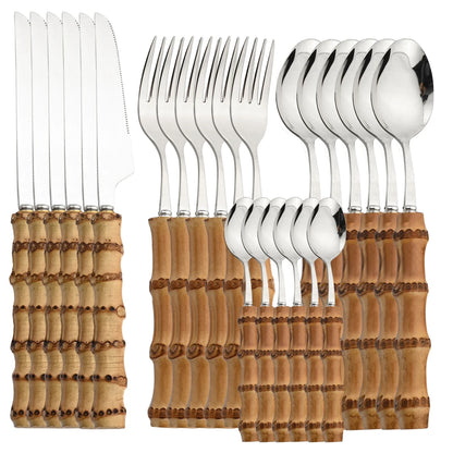Novara 24 Piece Stainless Steel Bamboo Handle Flatware Set