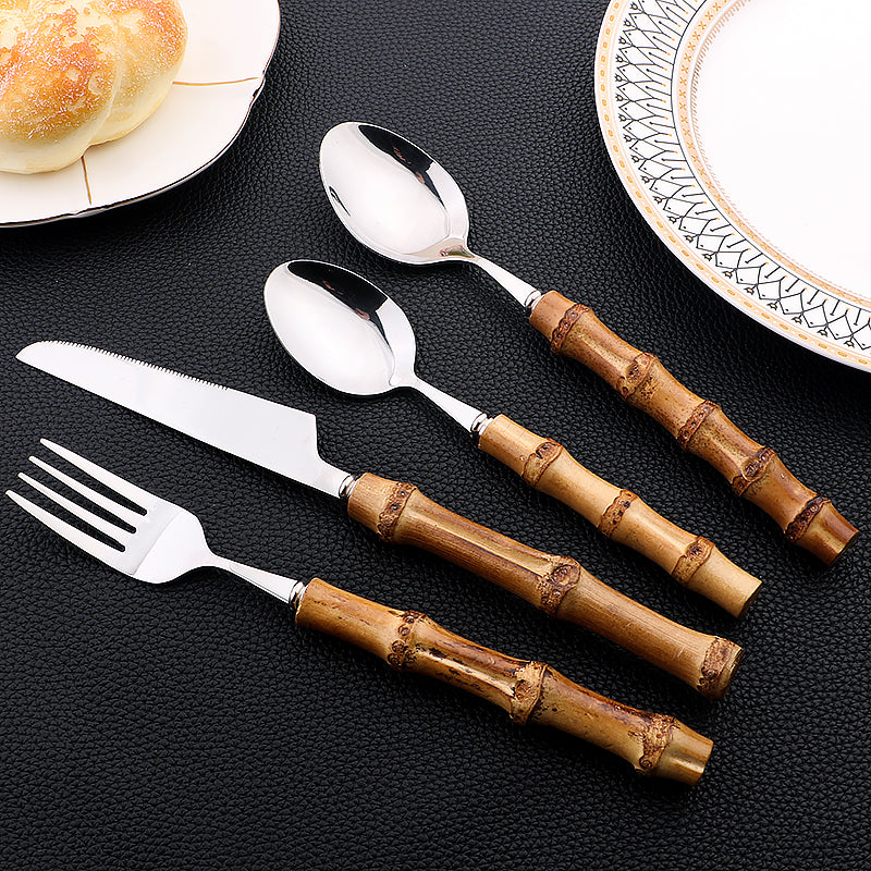 Novara 24 Piece Stainless Steel Bamboo Handle Flatware Set