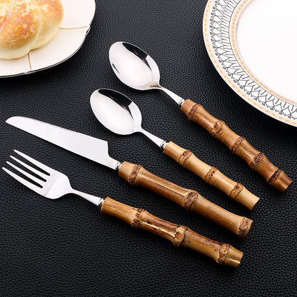 Novara 24 Piece Stainless Steel Bamboo Handle Flatware Set
