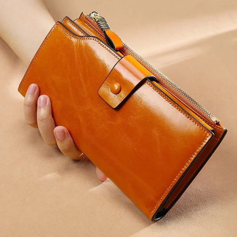 Royelle Genuine Leather Trifold Wallet For Women-Vintage Oil Wax Clutch Purse Brown
