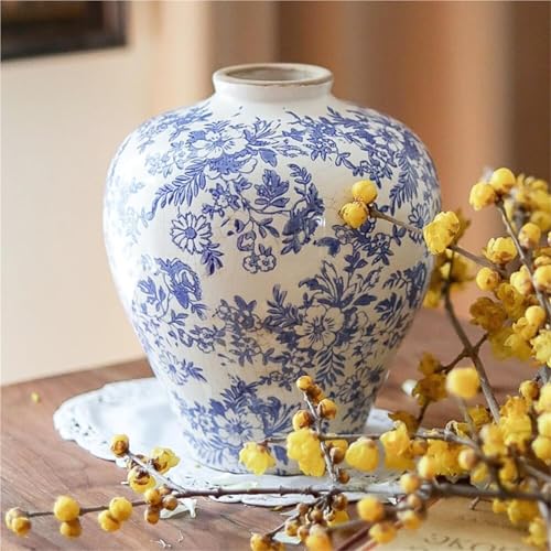 Novara Hand-Painted Blue & White Ceramic Floral Vase - Rustic Farmhouse Decor