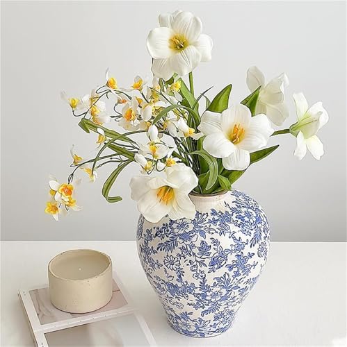 Novara Hand-Painted Blue & White Ceramic Floral Vase - Rustic Farmhouse Decor