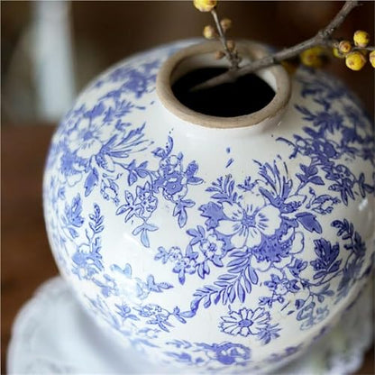 Novara Hand-Painted Blue & White Ceramic Floral Vase - Rustic Farmhouse Decor