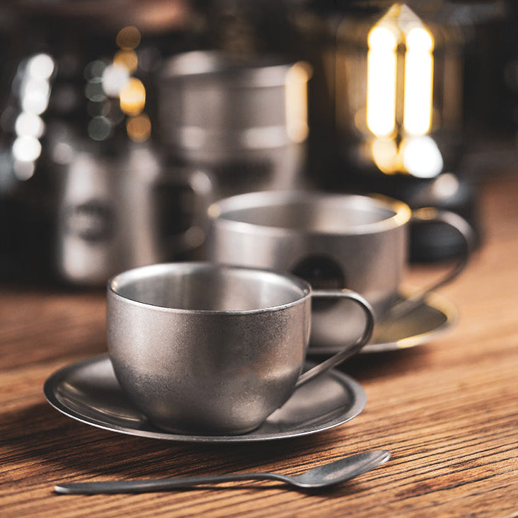 Novara Double Walled Stainless Steel Coffee Cup, Saucer, and Spoon Set