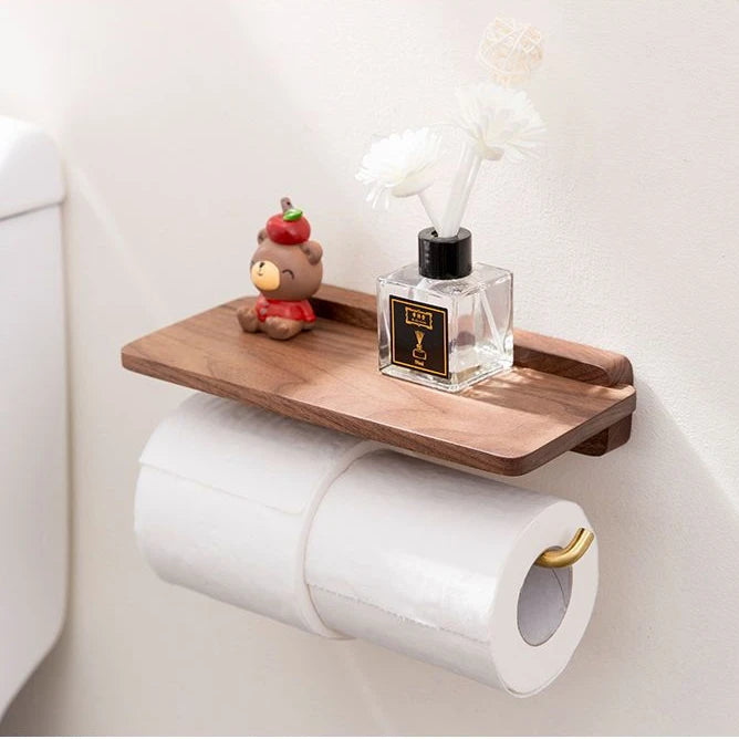Novara Walnut Toilet Paper Holder with Shelf - Modern Bathroom Tissue Roll Storage