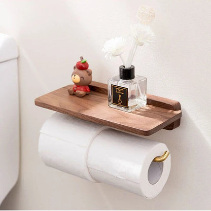 Novara Walnut Toilet Paper Holder with Shelf - Modern Bathroom Tissue Roll Storage