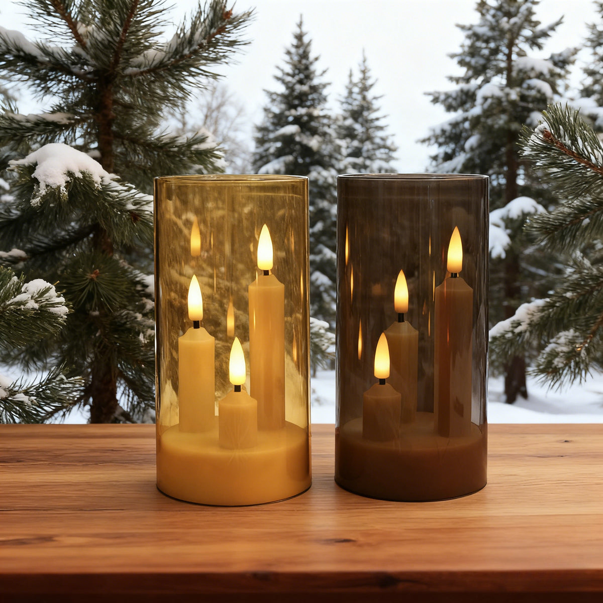Royelle LED Flameless Candles in Smoked Glass Hurricane Lanterns - Set of 2