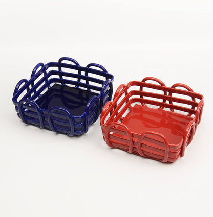 Royeva Modern Geometric Ceramic Fruit Bowl & Bread Basket - Artisanal Red Lattice Design