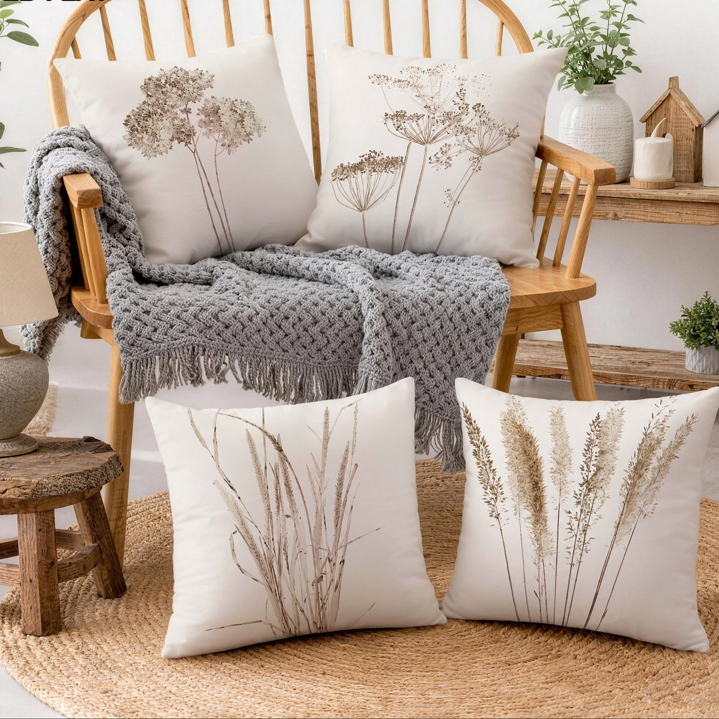 Royelle Botanical Print Throw Pillow Covers - 4 Pack Decorative Farmhouse Cushion Cases
