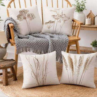 Royelle Botanical Print Throw Pillow Covers - 4 Pack Decorative Farmhouse Cushion Cases