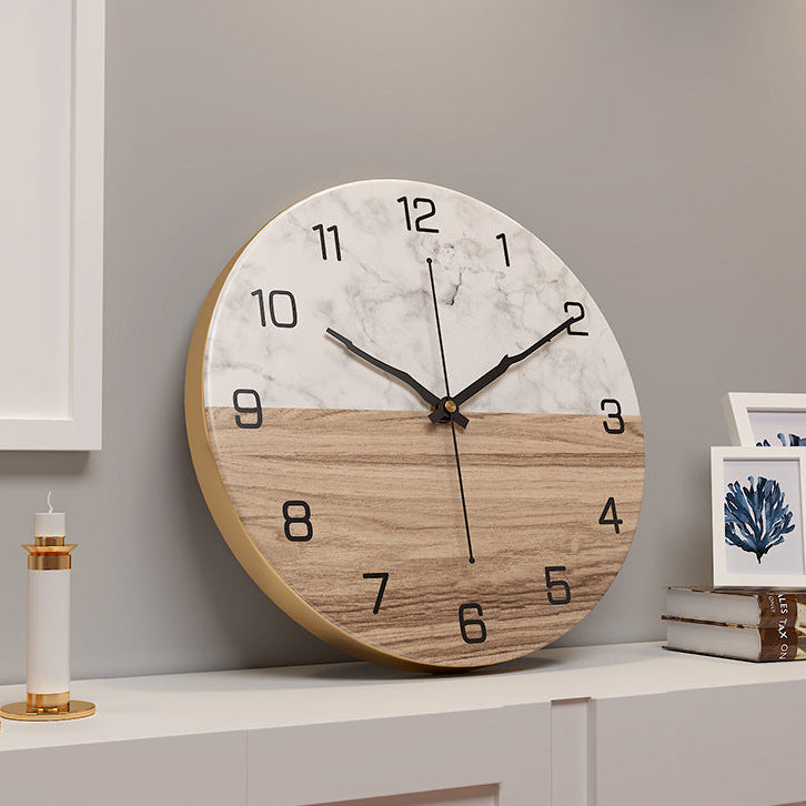 Royeva Modern Marble and Wood Wall Clock-Silent Non Ticking Decorative Timepiece