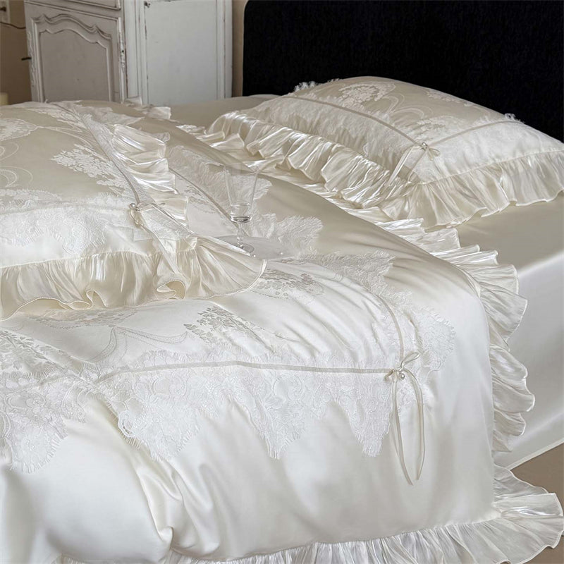 Royeva Luxury 600TC Lyocell Jacquard Bedding Set With Lace Embroidery & Ruffles