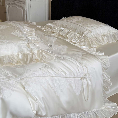 Royeva Luxury 600TC Lyocell Jacquard Bedding Set With Lace Embroidery & Ruffles
