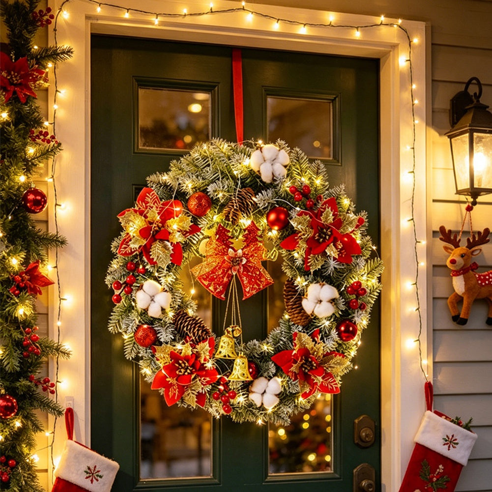Royeva Lighted LED Christmas Wreath With Bells And Golden Accents For Front Door
