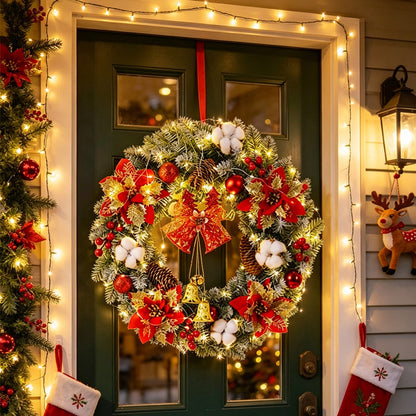 Royeva Lighted LED Christmas Wreath With Bells And Golden Accents For Front Door