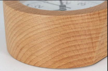 Novara Analog Round Alarm Clock - Compact Beech Wood for Bedside & Desk