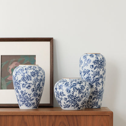 Novara Blue & White Chinoiserie Floral Porcelain Vase - Hand-Painted Style Decorative Urn