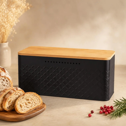 Sovere Metal Bread Box with Bamboo Lid for Fresh Bread Storage and Kitchen Organization