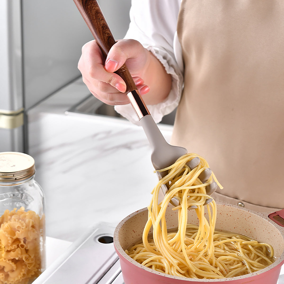 Novara Silicone Utensil Set with Wooden Handles, Heat-Resistant Non-Stick Cookware