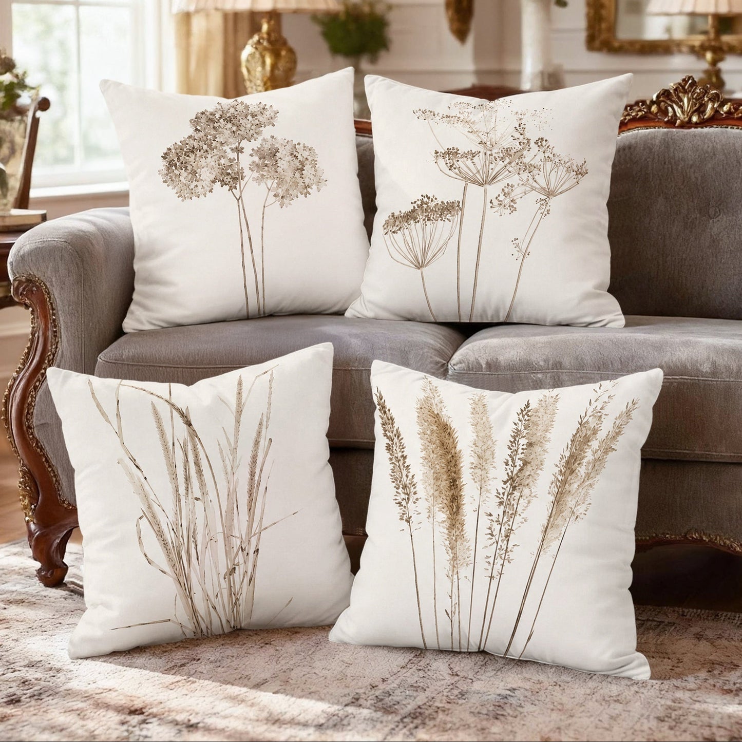 Royelle Botanical Print Throw Pillow Covers - 4 Pack Decorative Farmhouse Cushion Cases