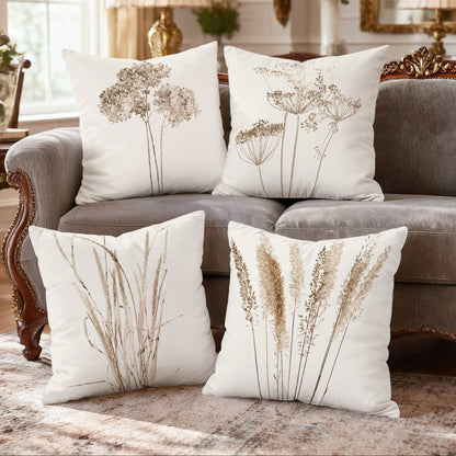 Royelle Botanical Print Throw Pillow Covers - 4 Pack Decorative Farmhouse Cushion Cases