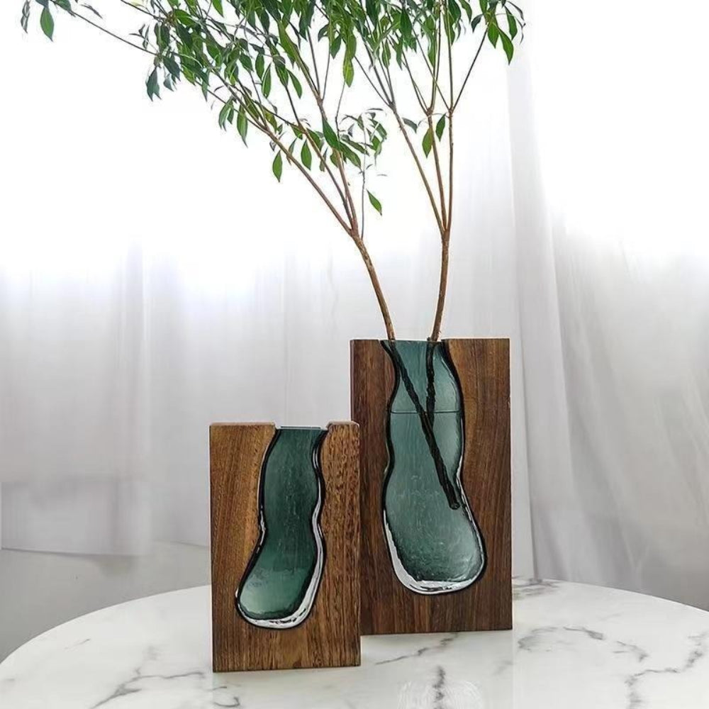 Novara Live Edge Wood & Glass Flower Vase - Modern Decorative Tabletop Centerpiece