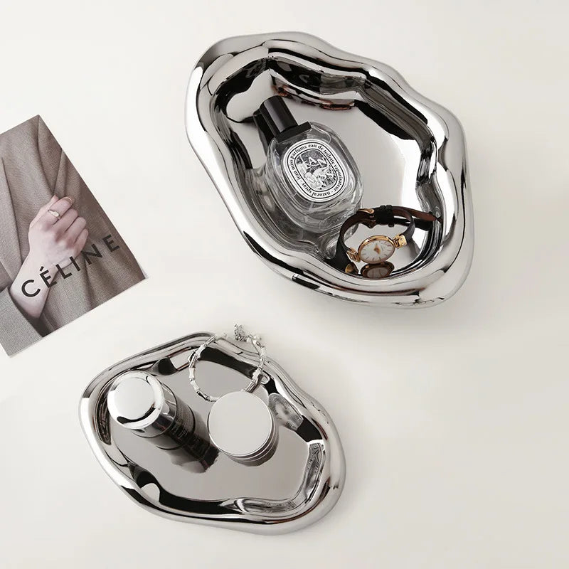Eloria Chrome Plated Ceramic Melange Dish for Trinkets and Snacks