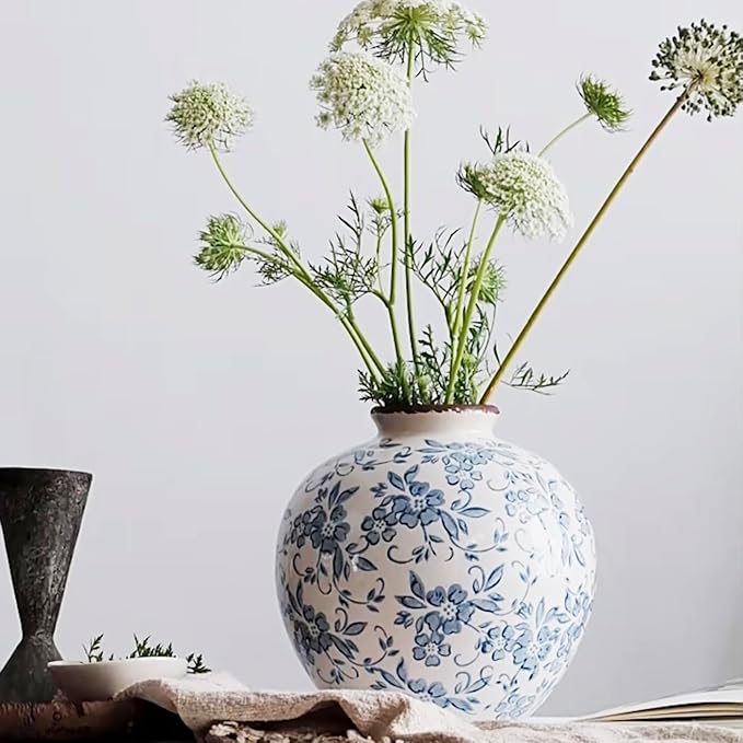 Royora French Country Blue White Floral Ceramic Vase Rustic Home Decor