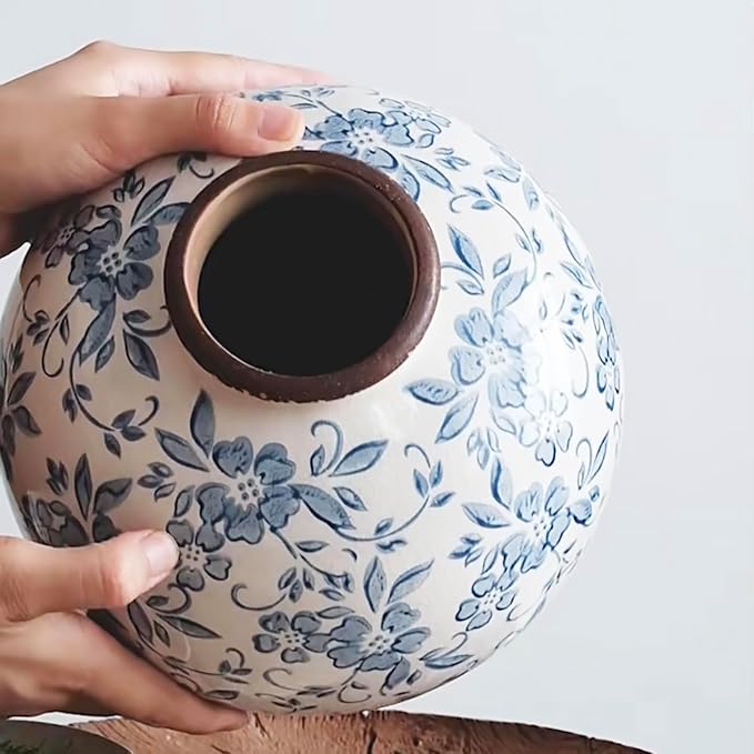 Royora French Country Blue White Floral Ceramic Vase Rustic Home Decor