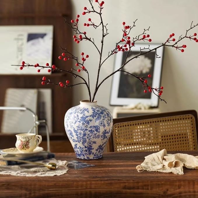 Novara Hand-Painted Blue & White Ceramic Floral Vase - Rustic Farmhouse Decor