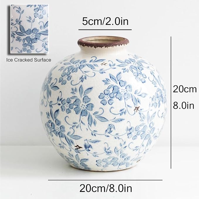 Royora French Country Blue White Floral Ceramic Vase Rustic Home Decor