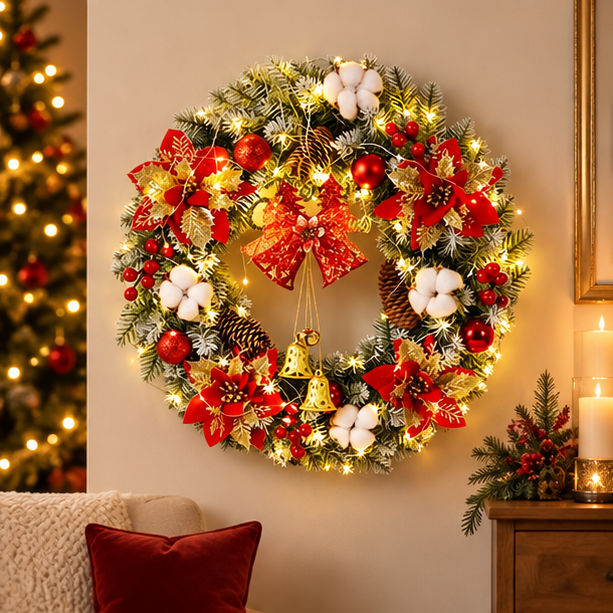 Royeva Lighted LED Christmas Wreath With Bells And Golden Accents For Front Door