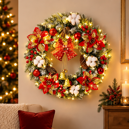 Royeva Lighted LED Christmas Wreath With Bells And Golden Accents For Front Door